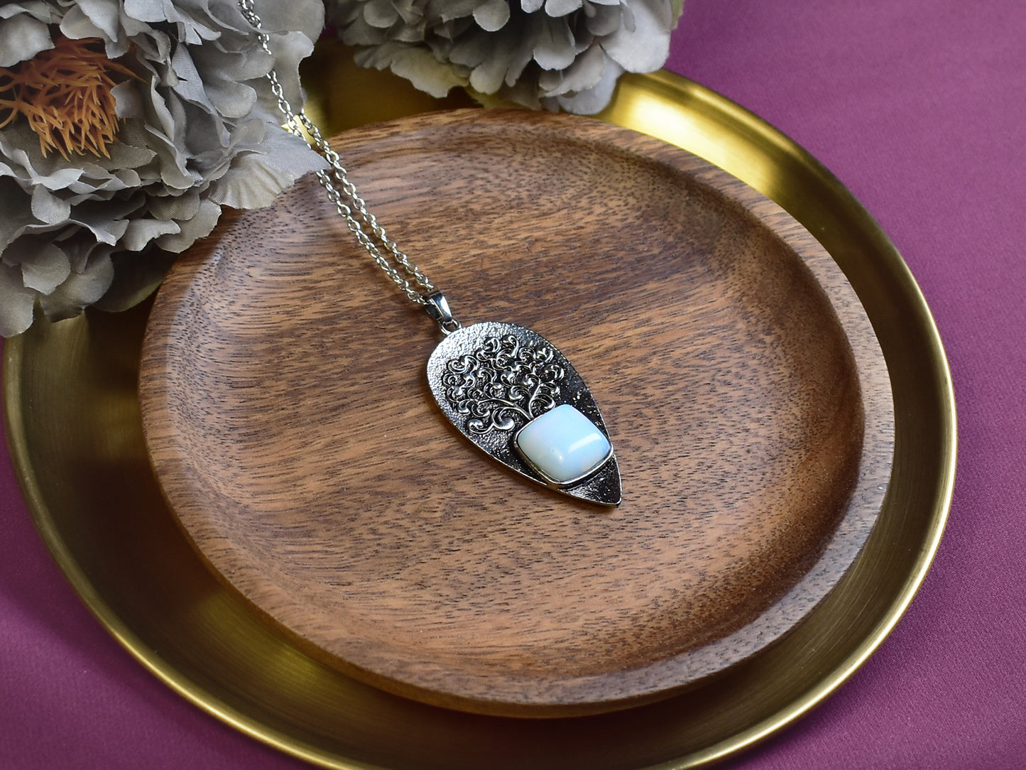 Steel Tree of Life Pendant with Synthetic Opal