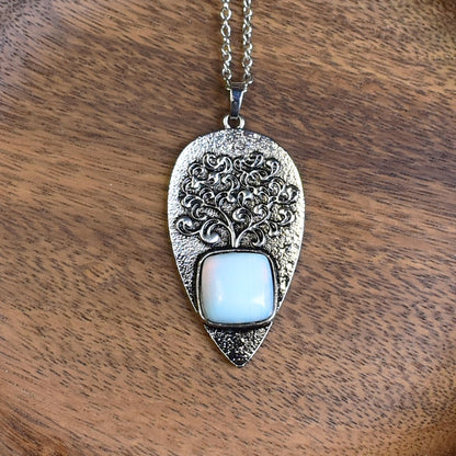 Steel Tree of Life Pendant with Synthetic Opal