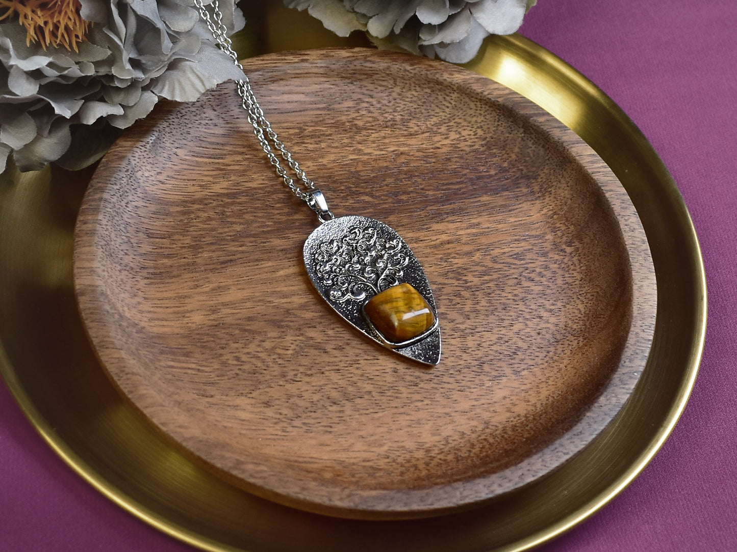Steel Tree of Life Pendant with Tiger's Eye
