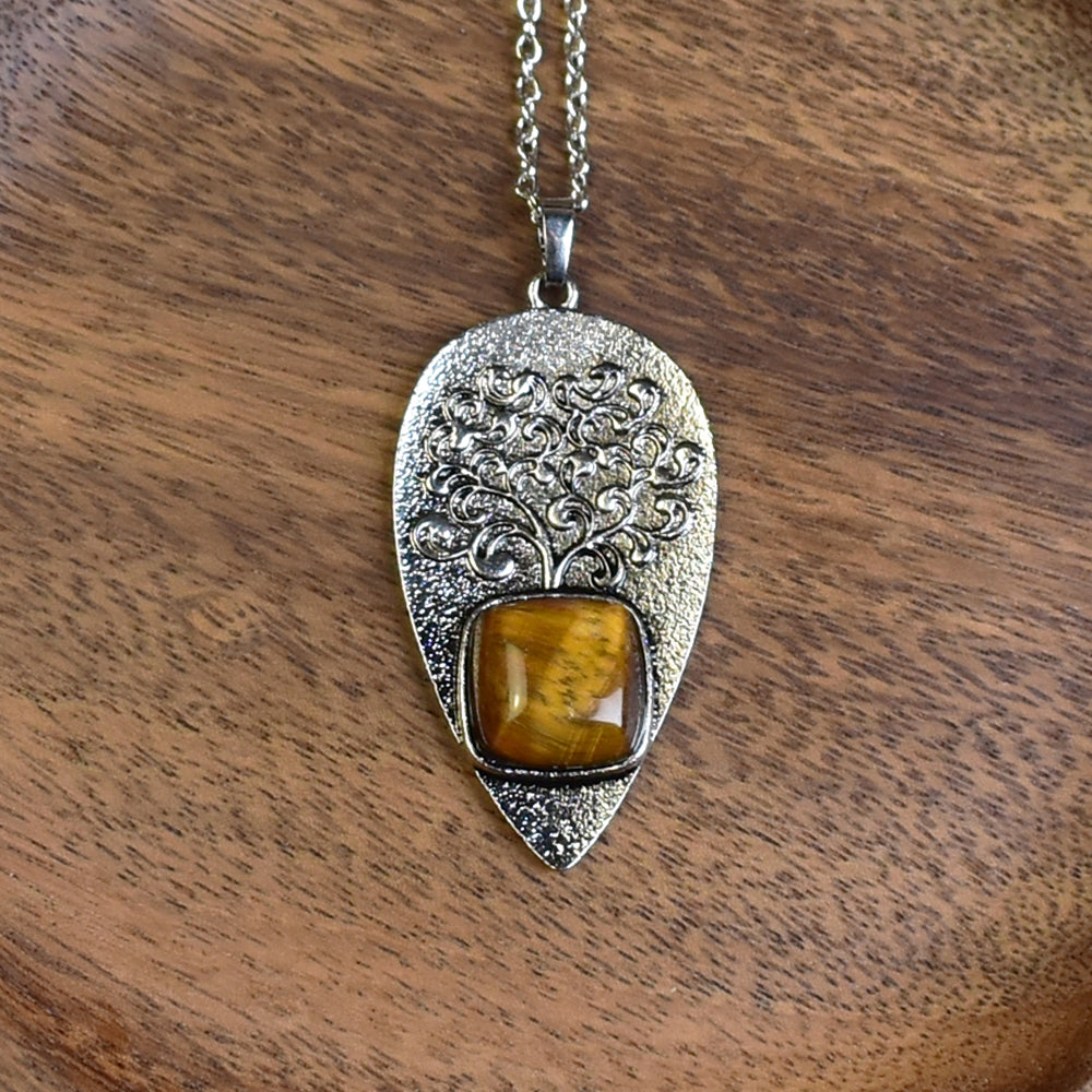 Steel Tree of Life Pendant with Tiger's Eye