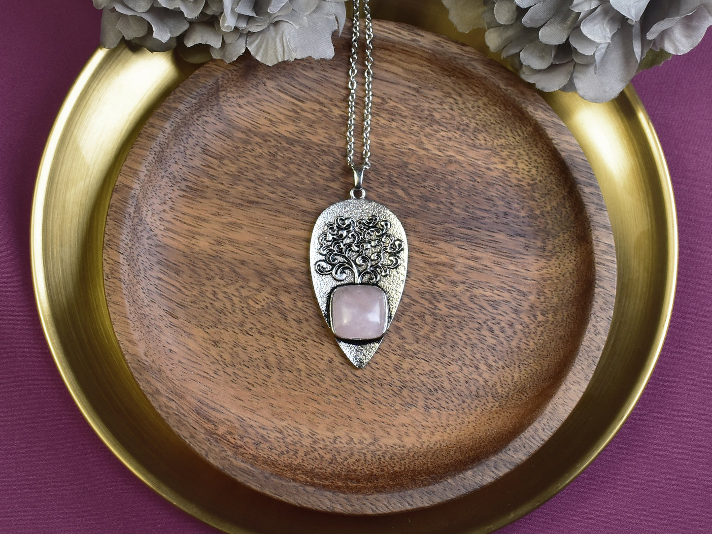 Steel Tree of Life Pendant with Rose Quartz