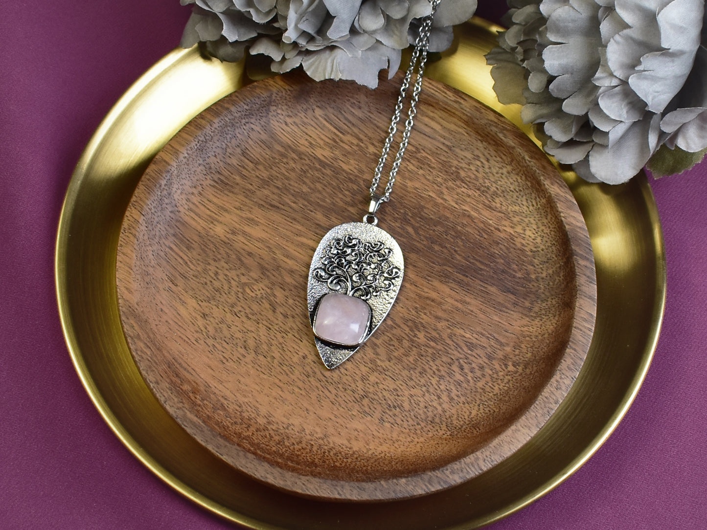 Steel Tree of Life Pendant with Rose Quartz
