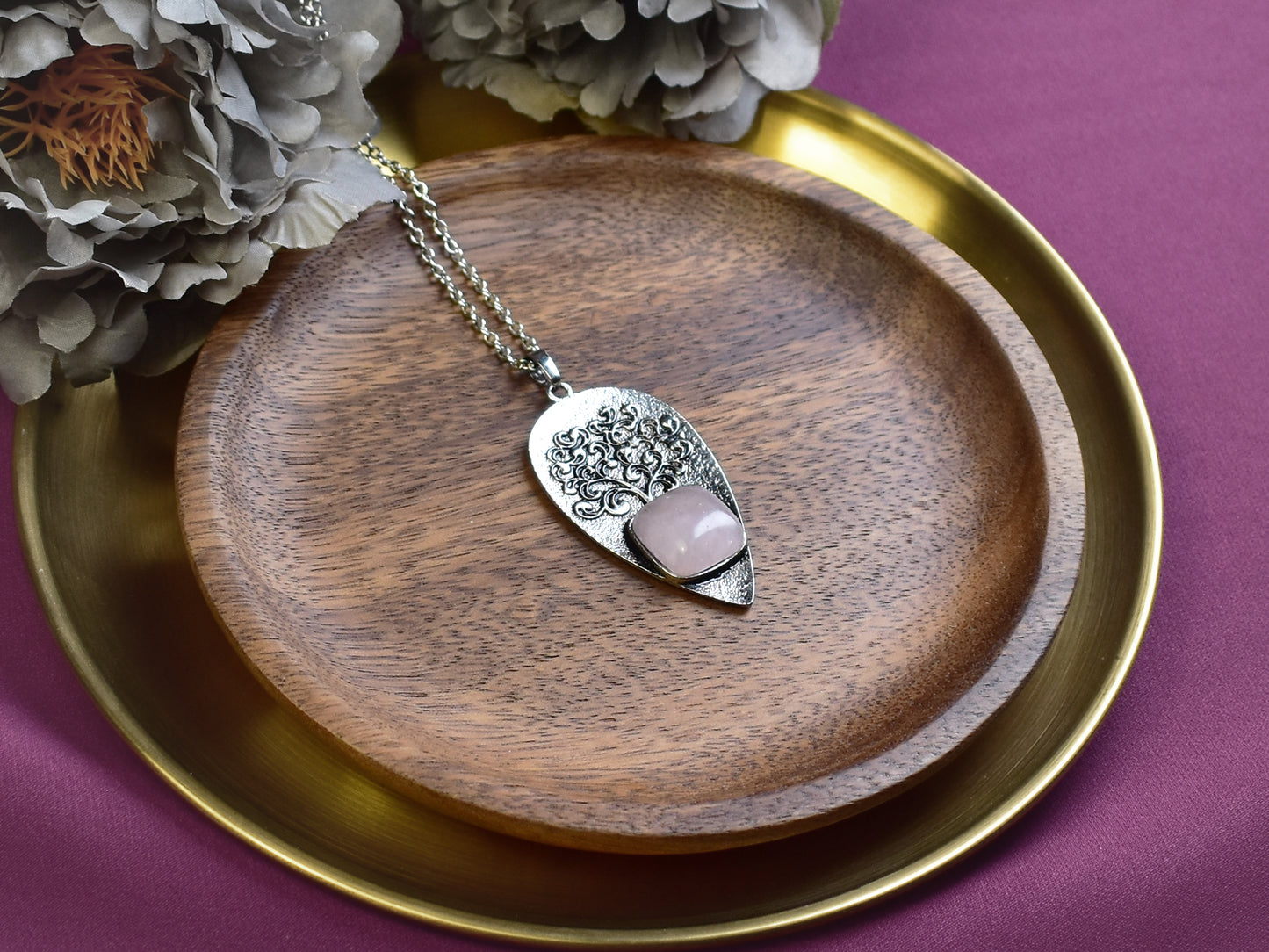 Steel Tree of Life Pendant with Rose Quartz