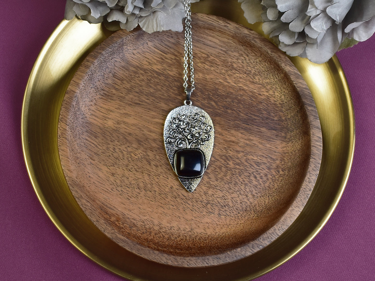 Steel Tree of Life Pendant with Obsidian