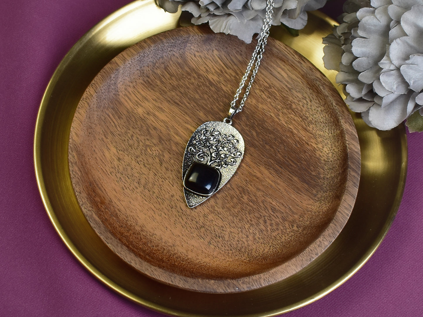 Steel Tree of Life Pendant with Obsidian