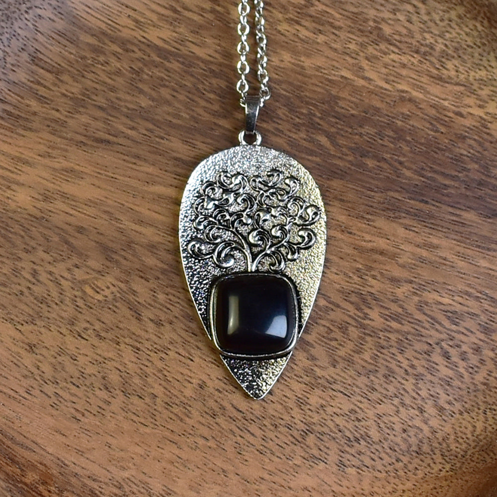 Steel Tree of Life Pendant with Obsidian