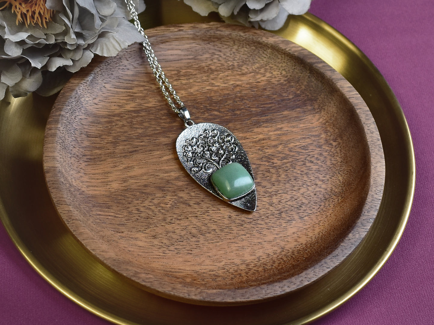 Steel Tree of Life Pendant with Aventurine