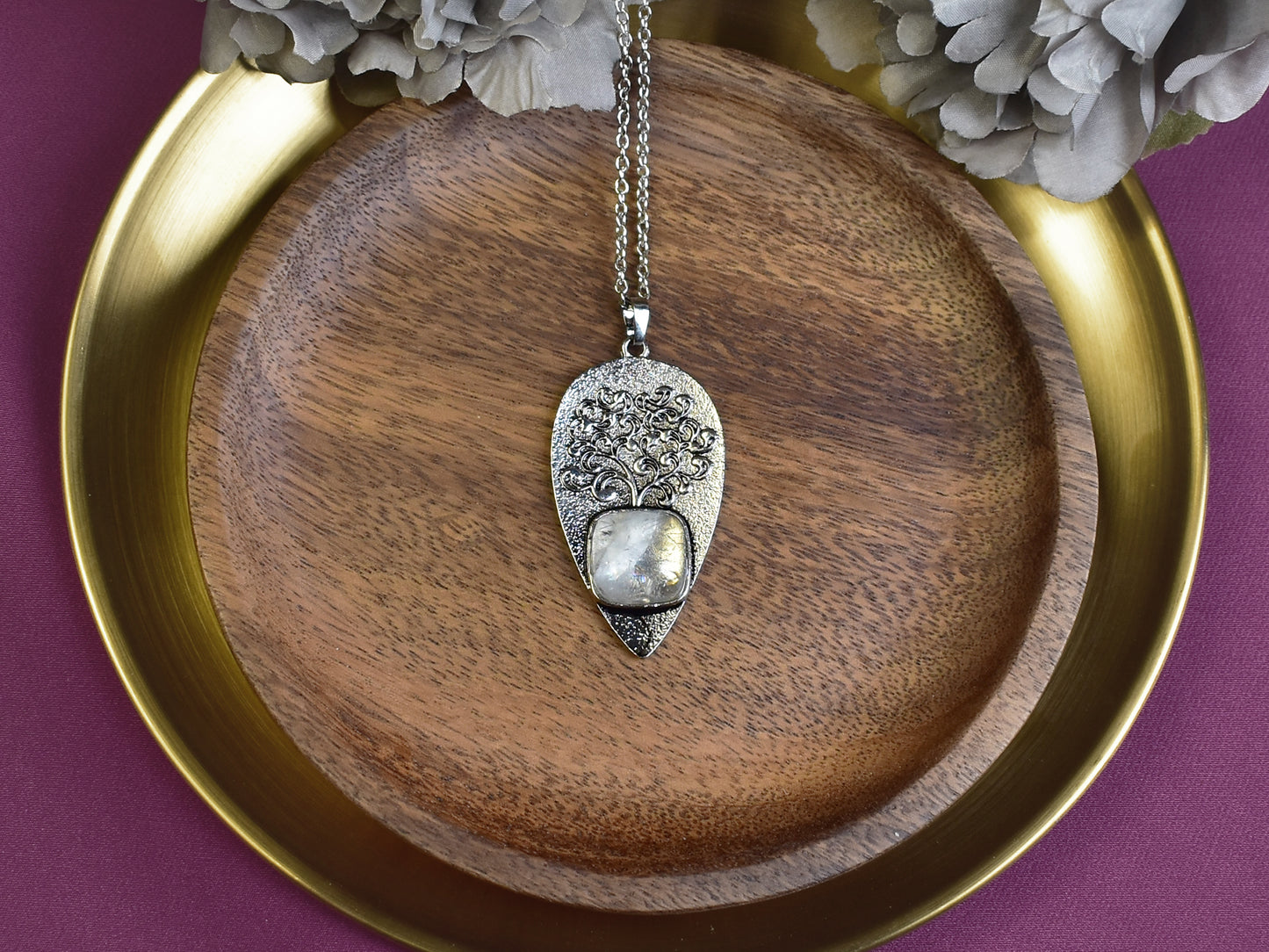 Steel Tree of Life Pendant with Quartz