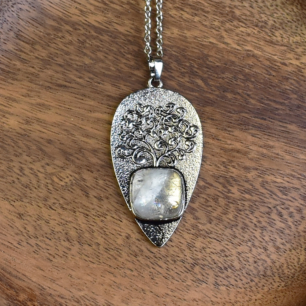 Steel Tree of Life Pendant with Quartz