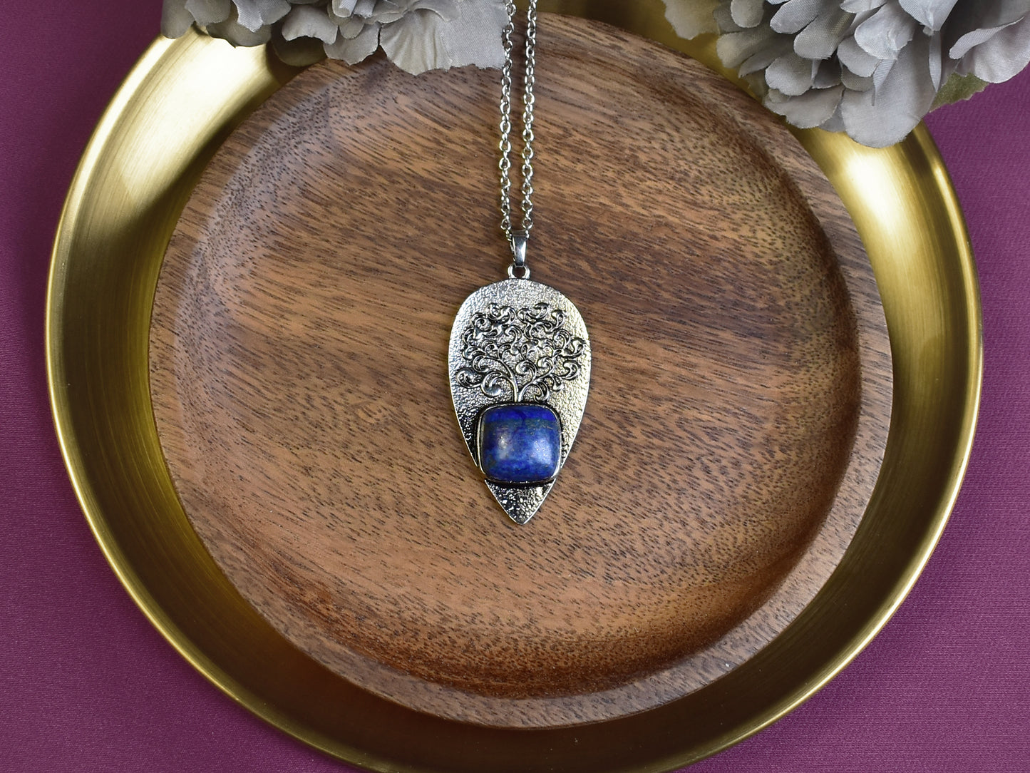 Steel Tree of Life Pendant with Lapis Lazuli