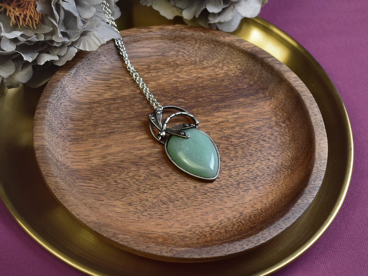 Steel Dragonfly Pendant with Aventurine