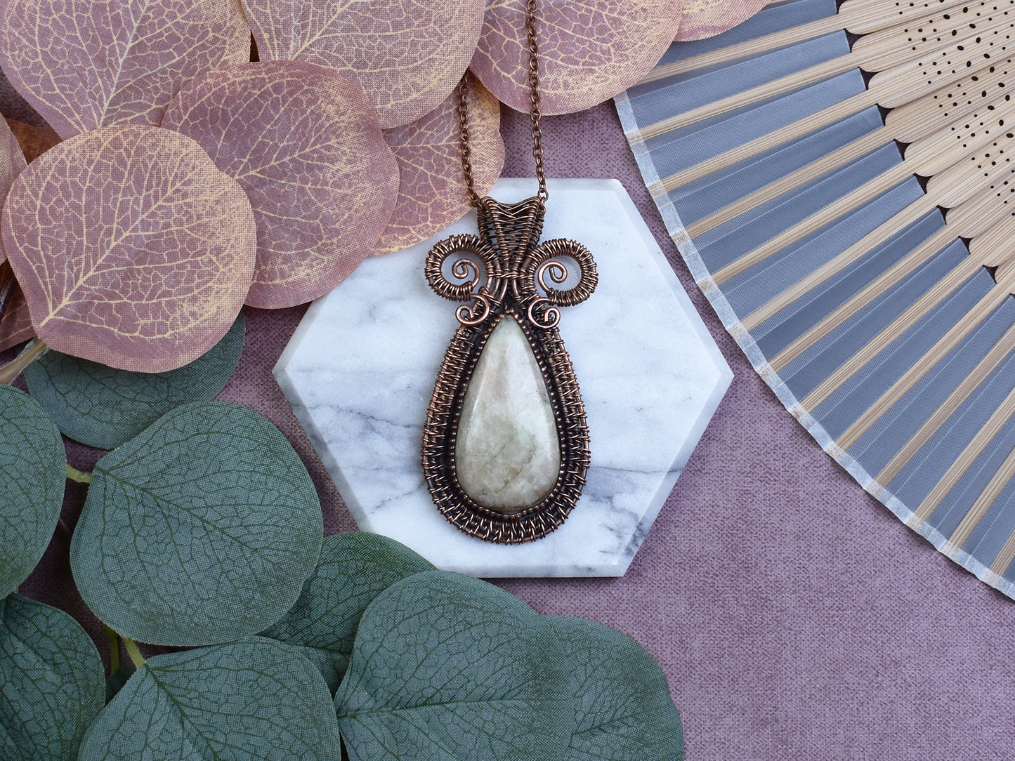 Miedziany Wisiorek Wire Wrapping z Aqua Serafinitem