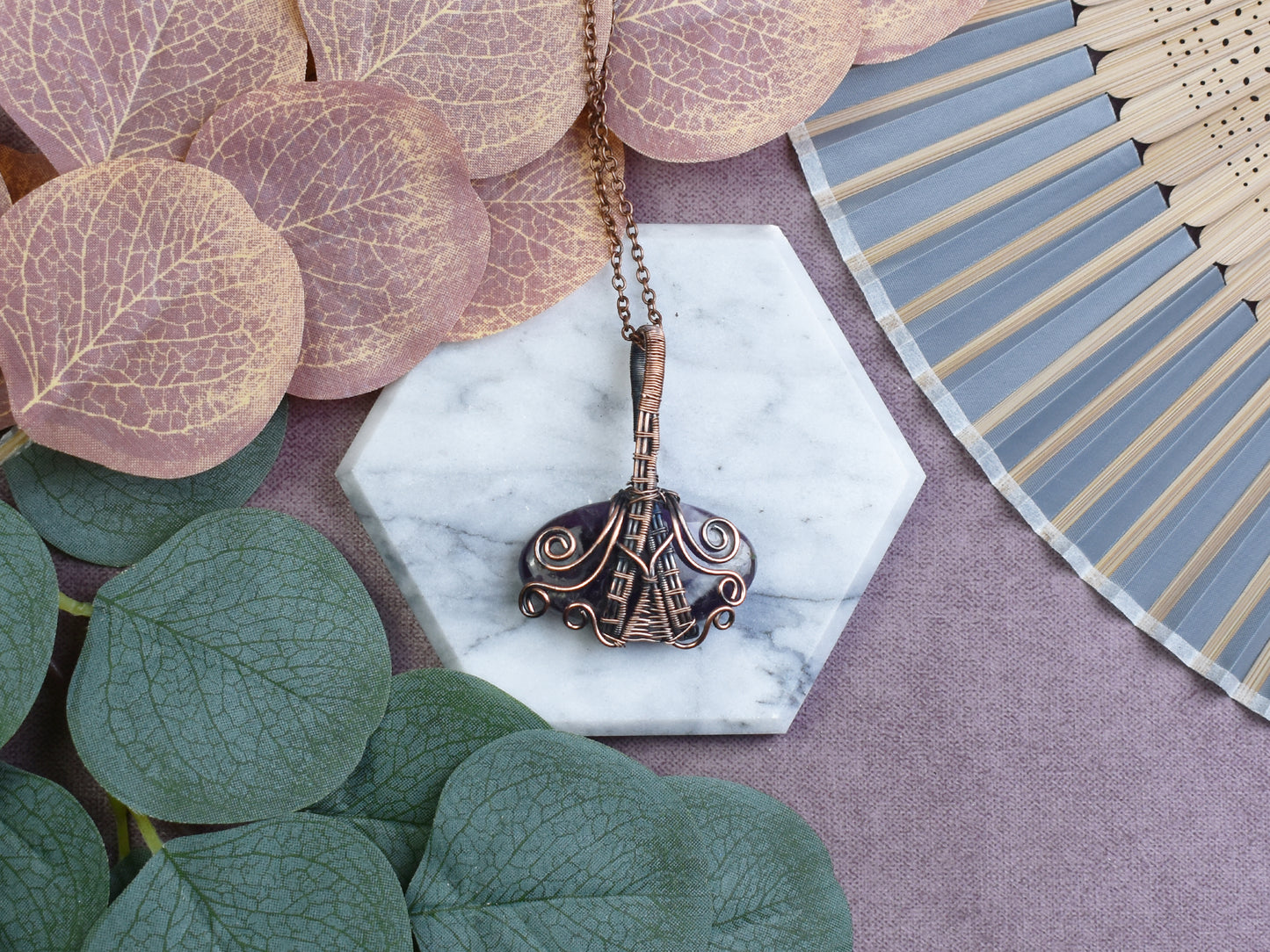 Miedziany Wisiorek Wire Wrapping z Ametystem