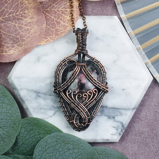 Copper Wire-Wrapped Pendant with Rhodonite