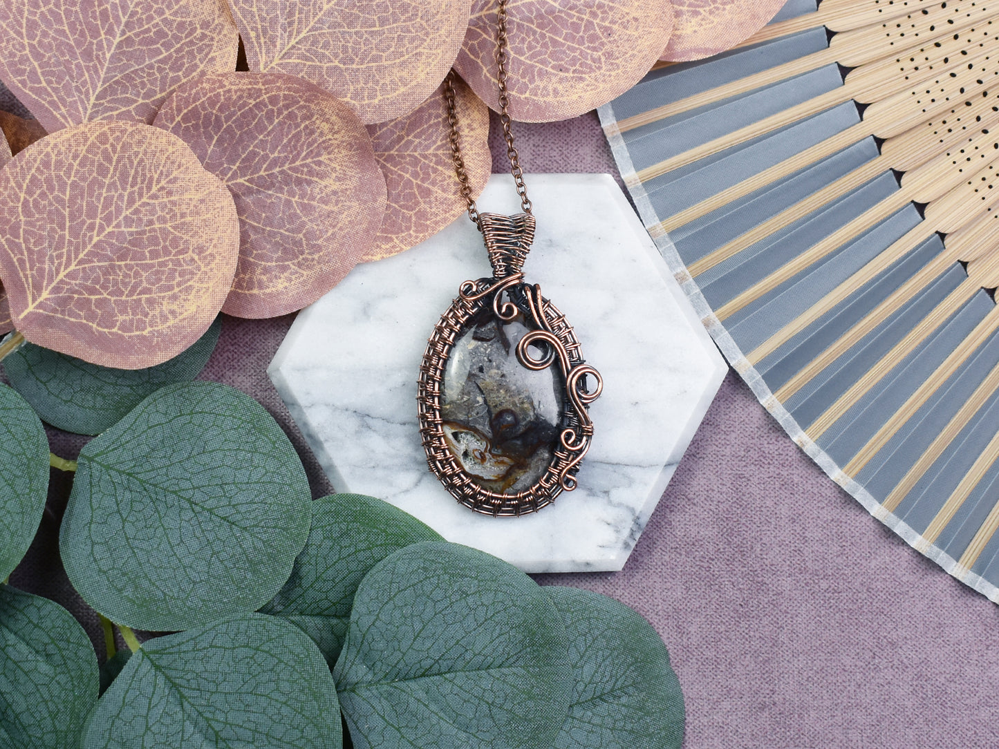 Miedziany Wisiorek Wire Wrapping z Jaspisem Coffee Bean