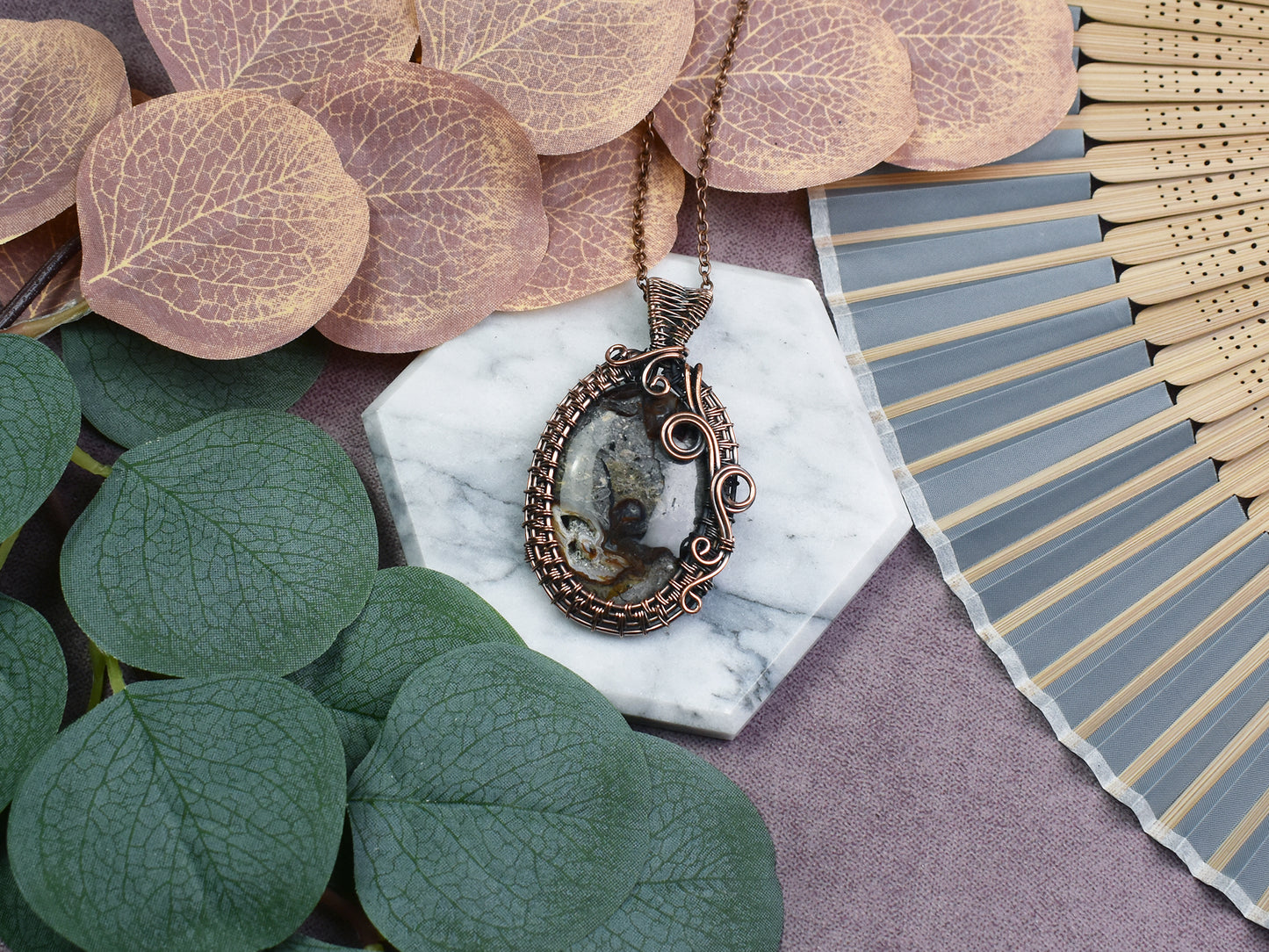 Miedziany Wisiorek Wire Wrapping z Jaspisem Coffee Bean