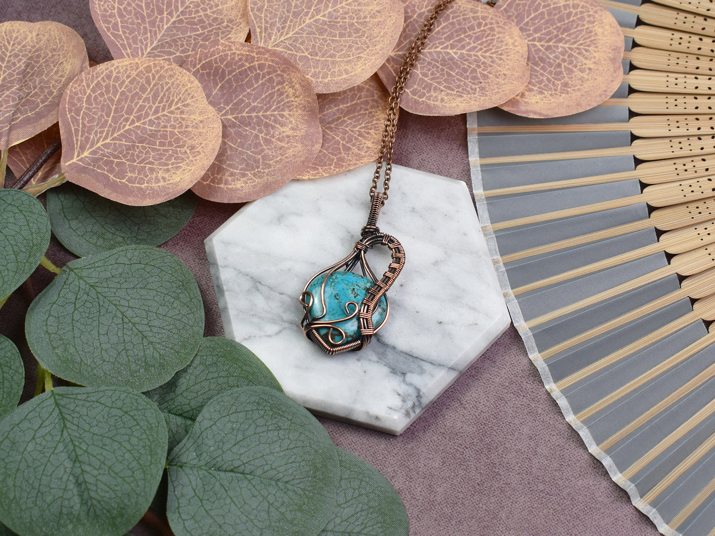Miedziany Wisiorek Wire Wrapping z Turkusem