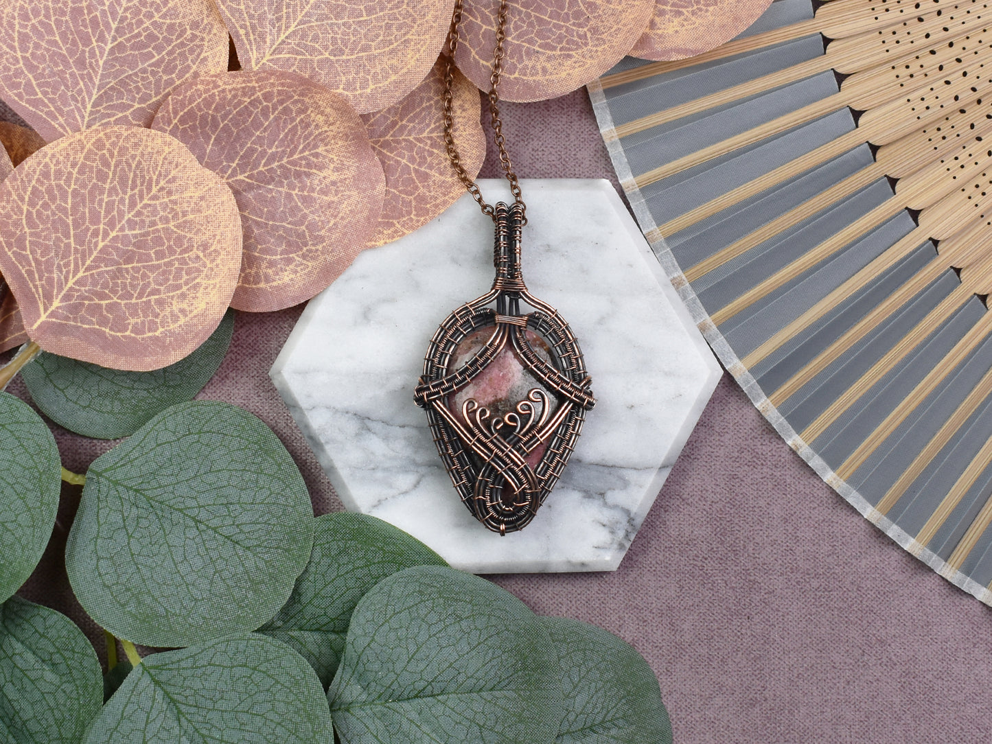 Copper Wire-Wrapped Pendant with Rhodonite