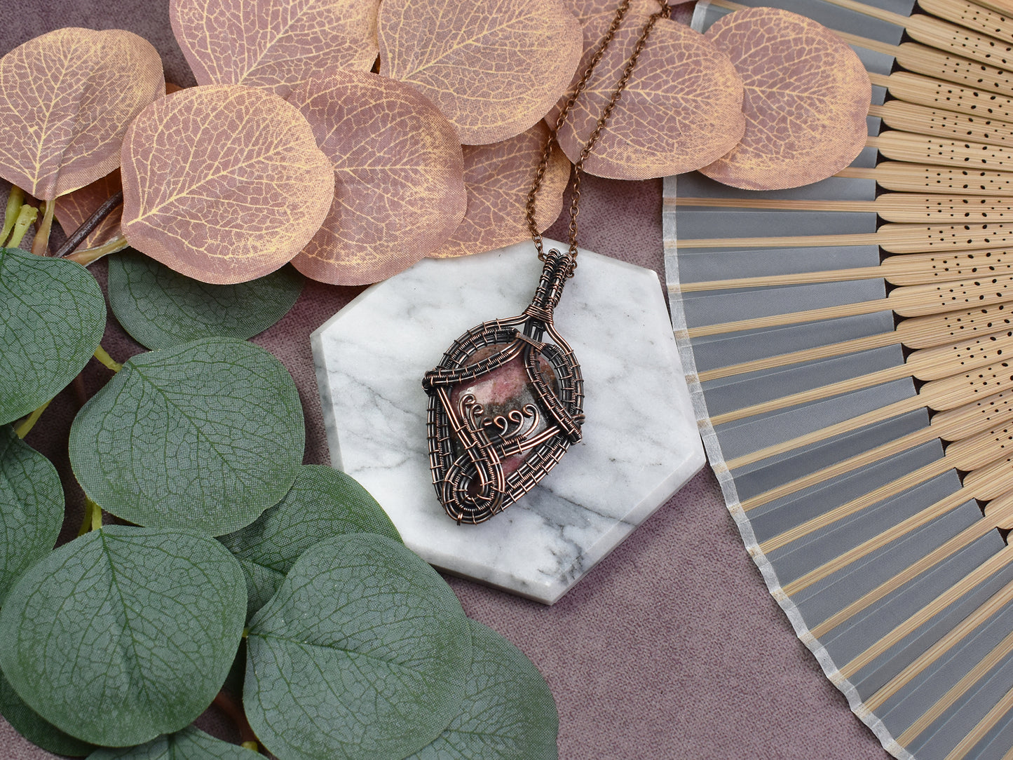 Copper Wire-Wrapped Pendant with Rhodonite