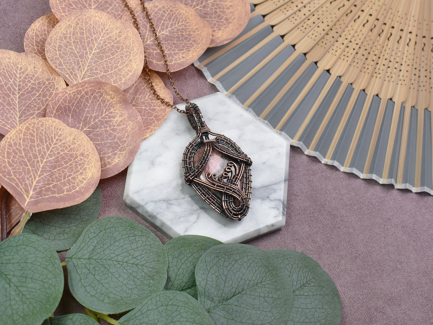 Copper Wire-Wrapped Pendant with Rhodonite