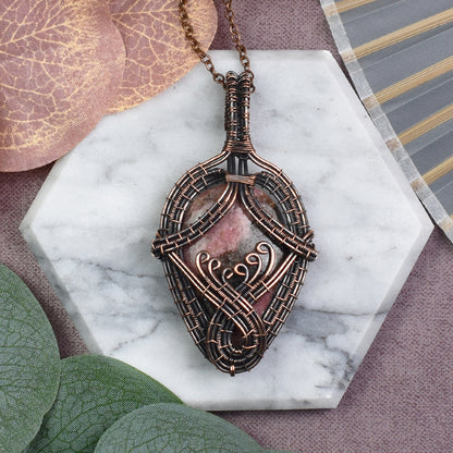 Copper Wire-Wrapped Pendant with Rhodonite