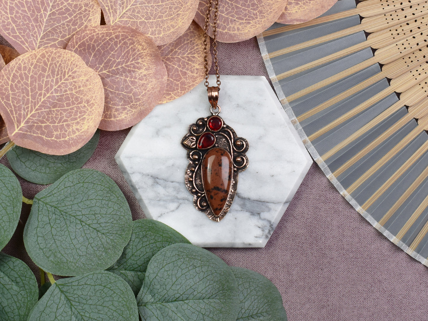 Copper Decorative Pendant with Mahogany Obsidian and Garnet