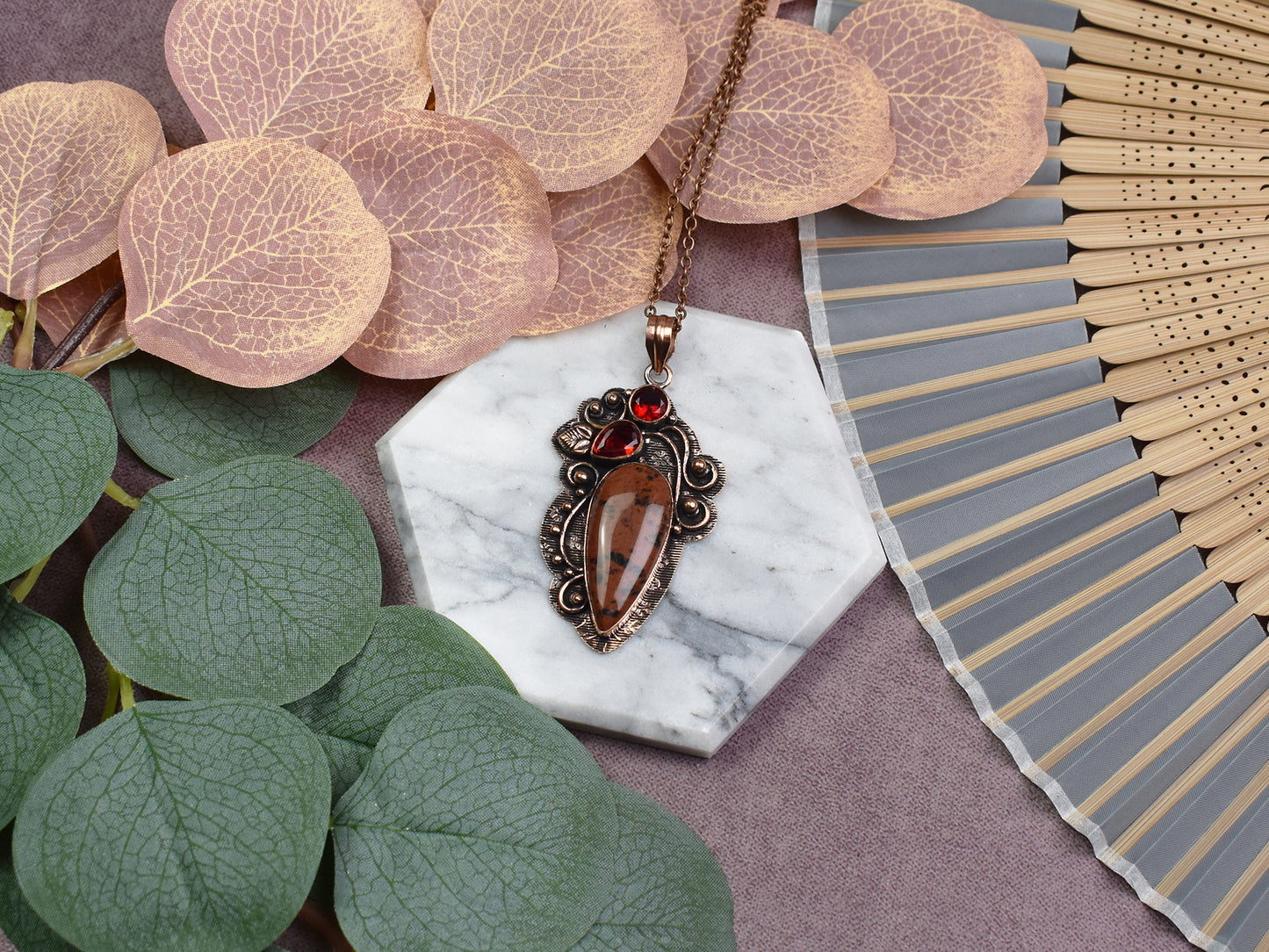Copper Decorative Pendant with Mahogany Obsidian and Garnet