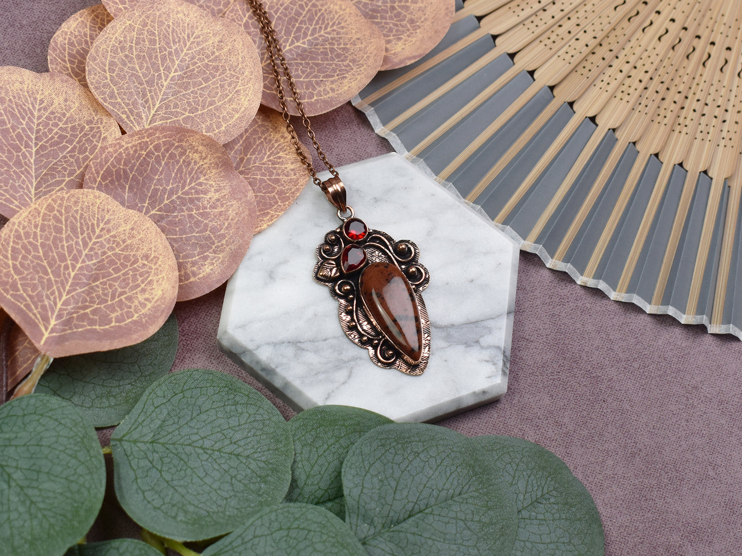 Copper Decorative Pendant with Mahogany Obsidian and Garnet