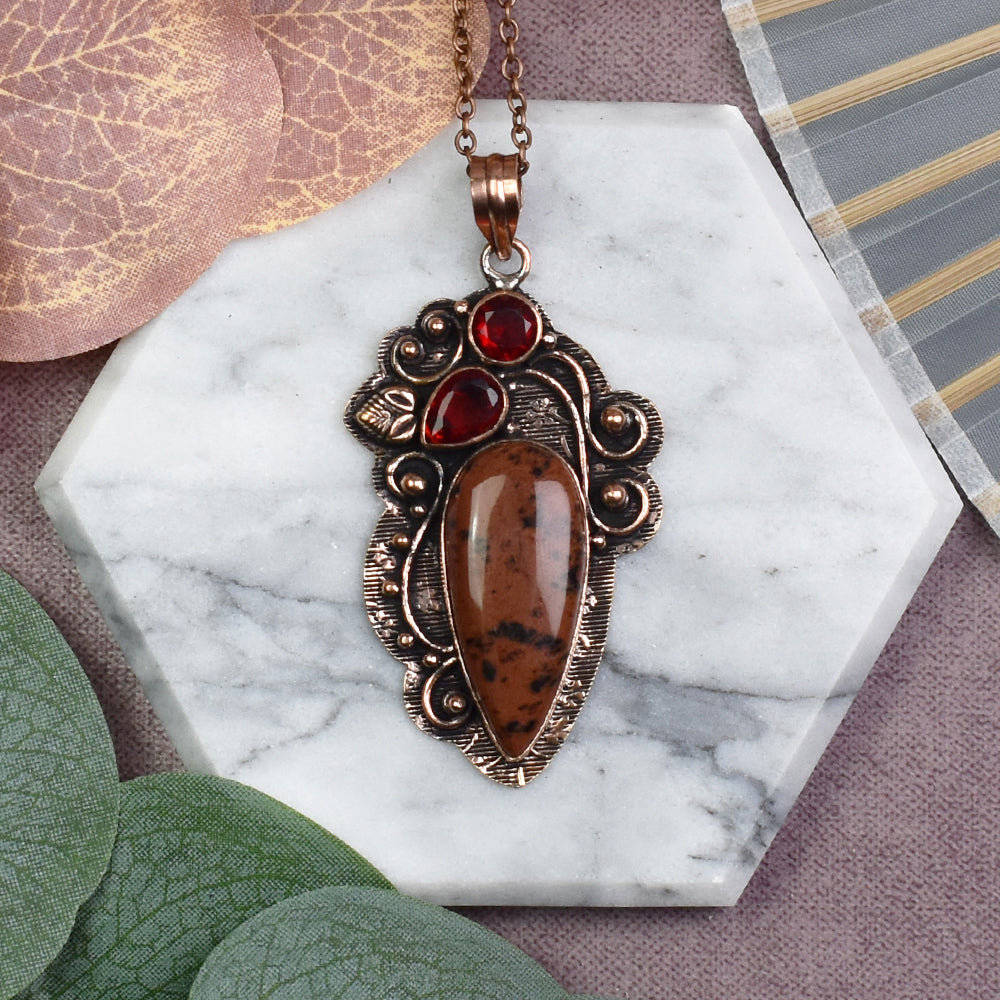 Copper Decorative Pendant with Mahogany Obsidian and Garnet
