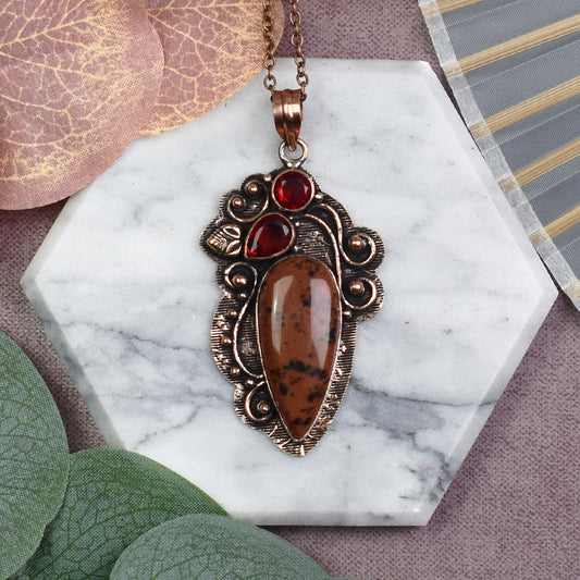 Copper Decorative Pendant with Mahogany Obsidian and Garnet