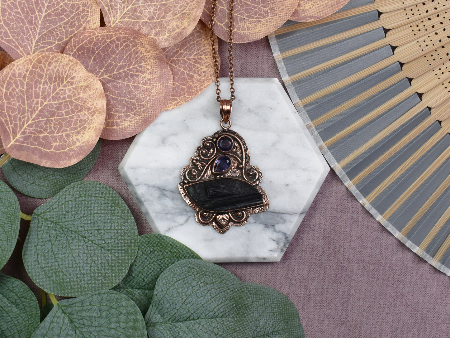 Copper Decorative Pendant with Raw Tourmaline and Amethyst