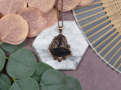 Copper Decorative Pendant with Raw Tourmaline and Amethyst