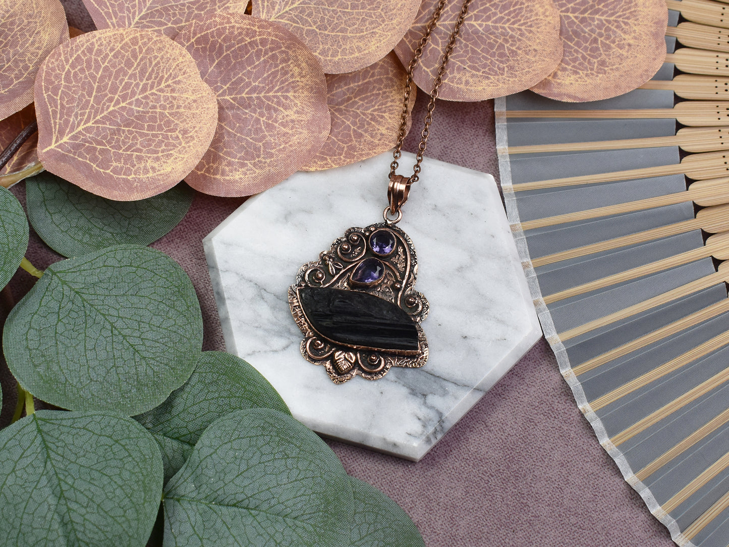 Copper Decorative Pendant with Raw Tourmaline and Amethyst