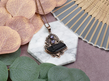 Copper Decorative Pendant with Raw Tourmaline and Amethyst