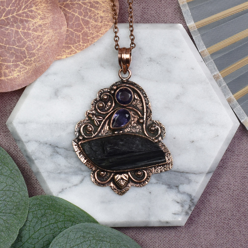 Copper Decorative Pendant with Raw Tourmaline and Amethyst