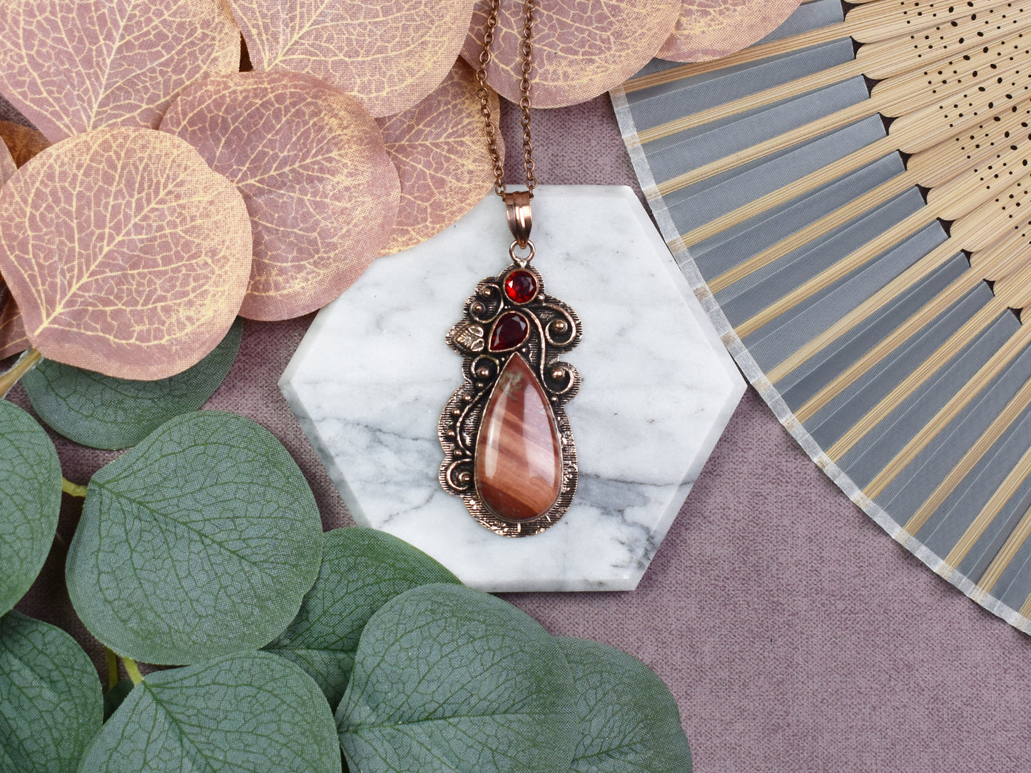 Copper Pendant with Red Rainbow Jasper and Garnet