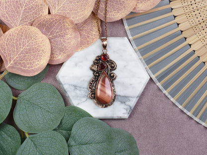 Copper Pendant with Red Rainbow Jasper and Garnet