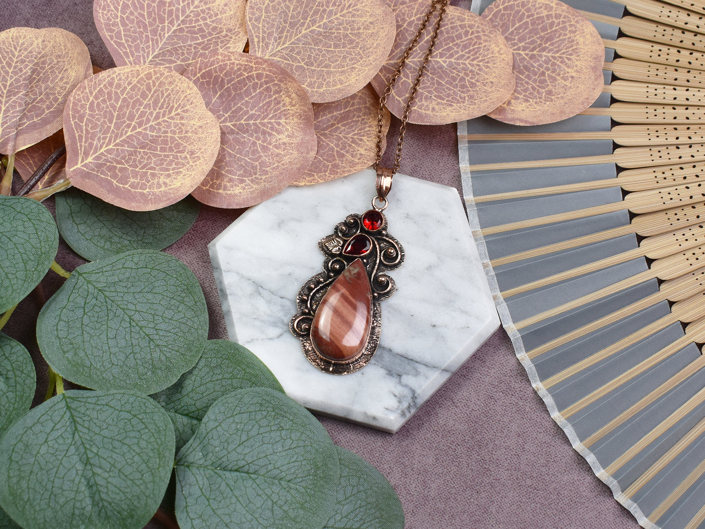 Copper Pendant with Red Rainbow Jasper and Garnet