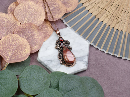 Copper Pendant with Red Rainbow Jasper and Garnet