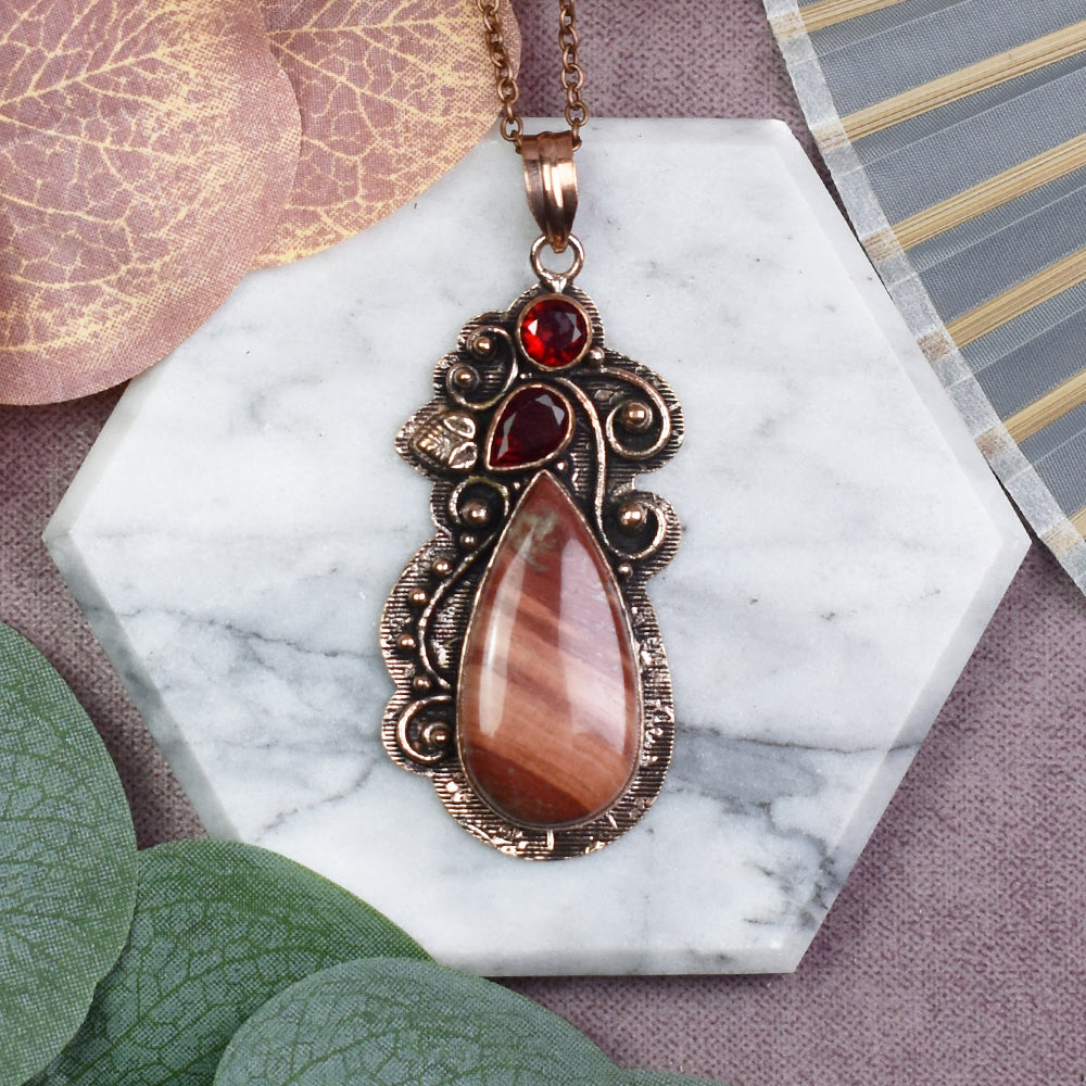 Copper Pendant with Red Rainbow Jasper and Garnet