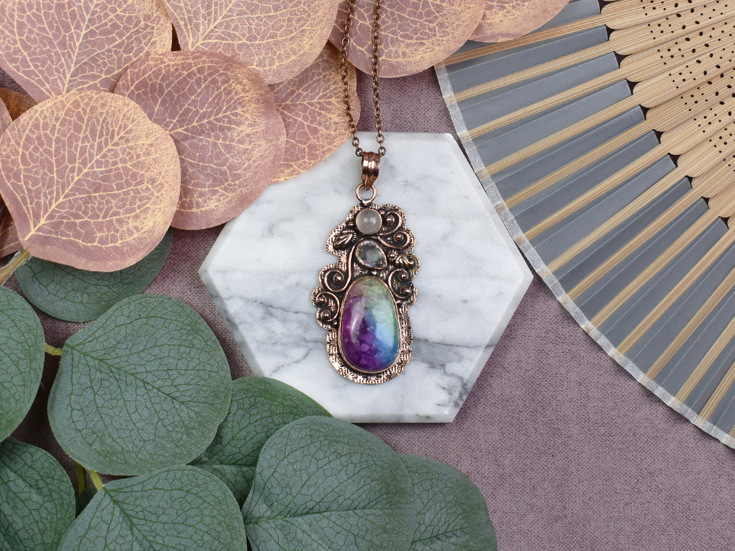 Copper Pendant with Rainbow Solar Quartz and Rose Quartz