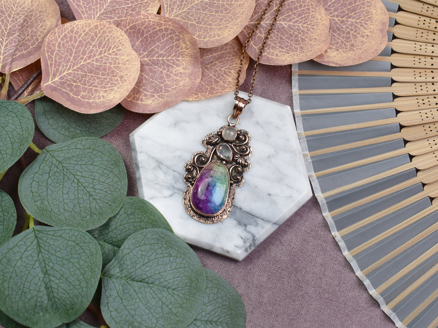 Copper Pendant with Rainbow Solar Quartz and Rose Quartz