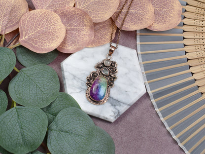 Copper Pendant with Rainbow Solar Quartz and Rose Quartz
