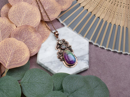 Copper Pendant with Rainbow Solar Quartz and Rose Quartz
