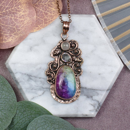 Copper Pendant with Rainbow Solar Quartz and Rose Quartz