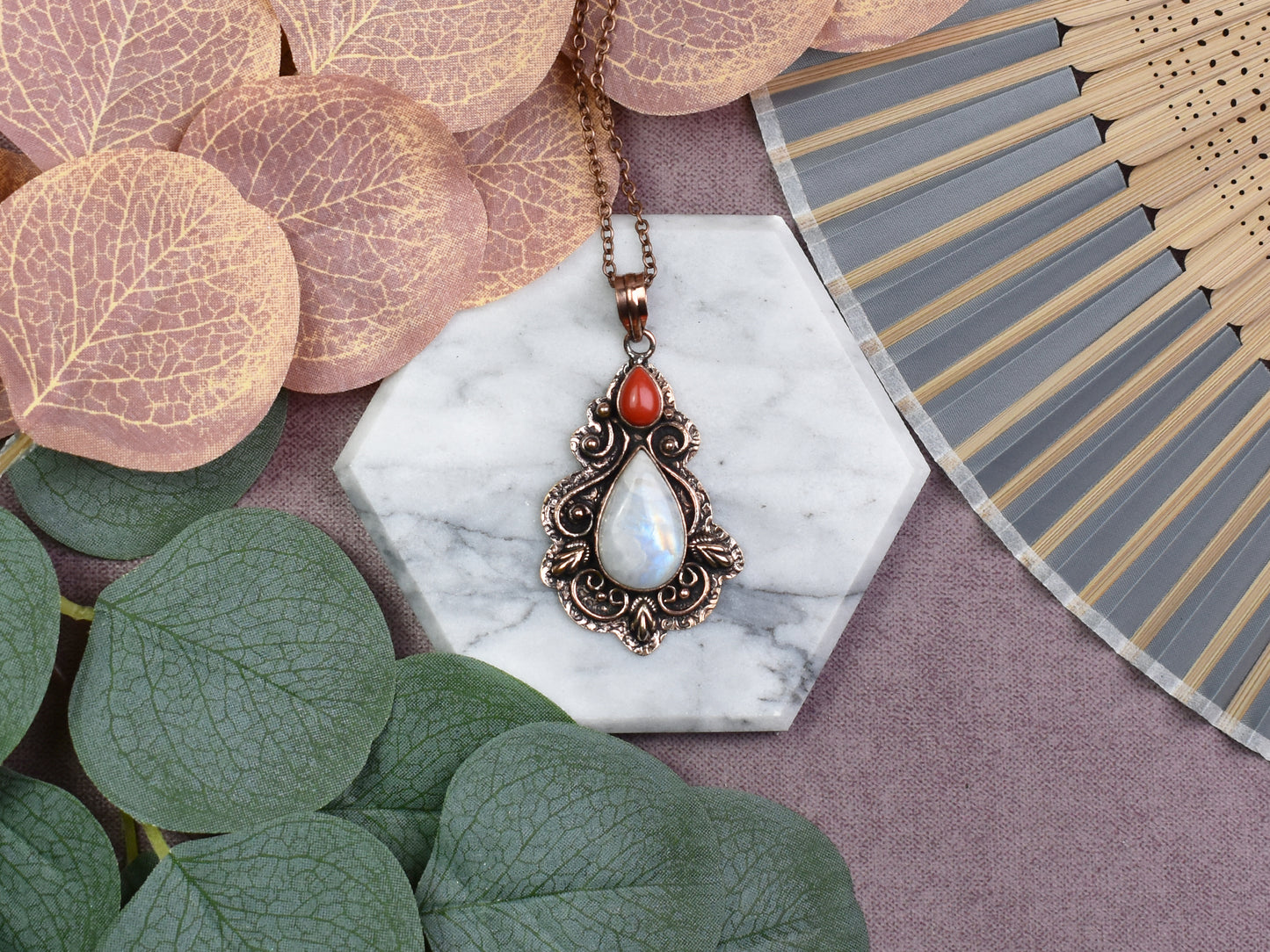 Copper Pendant with Rainbow Moonstone and Coral