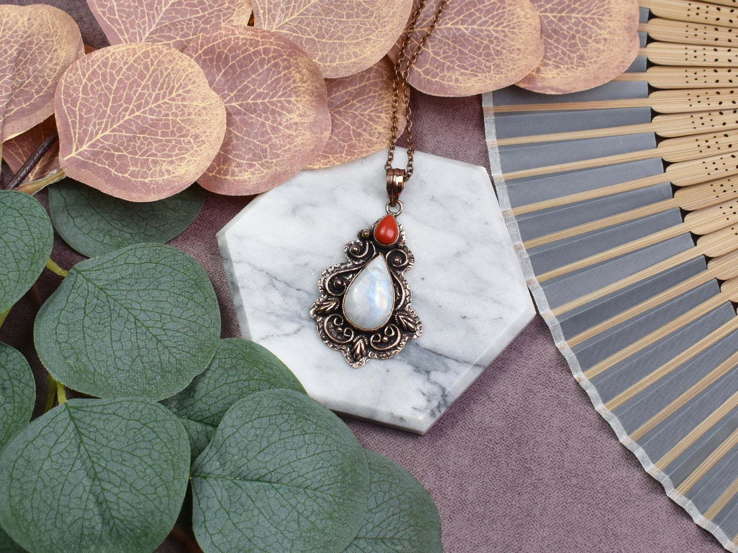 Copper Pendant with Rainbow Moonstone and Coral