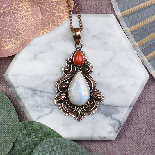 Copper Pendant with Rainbow Moonstone and Coral