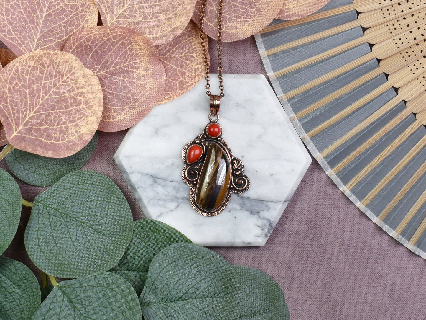 Copper Pendant with Iron Tiger Eye and Coral