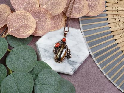 Copper Pendant with Iron Tiger Eye and Coral